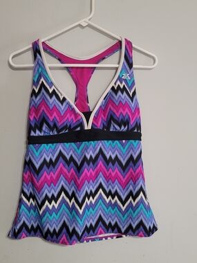 Zeroxposur Womens Swim Tankini Top Sz 12 Medium Blue Pink Zigzag Swimsuit Beach